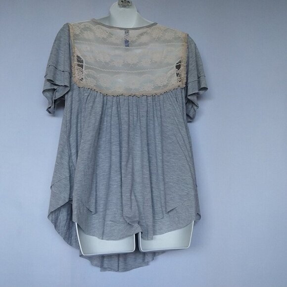 Free People Top Size Large Heathered Gray Vintage Ecru Lace Layered - Picture 2 of 4